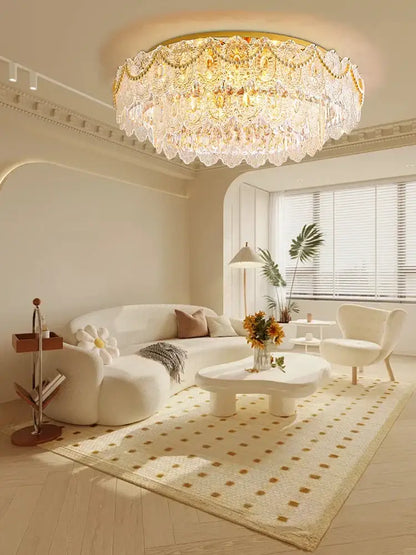 Gold pearl pendant chandelier – living room crystal leaf decor