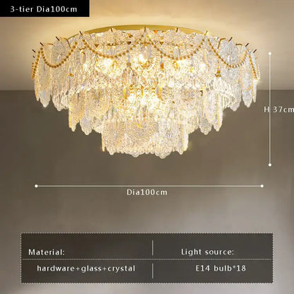Gold pearl pendant chandelier – living room crystal leaf decor