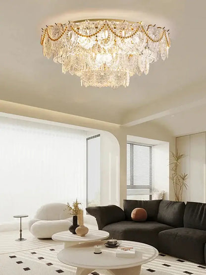 Gold pearl pendant chandelier – living room crystal leaf decor