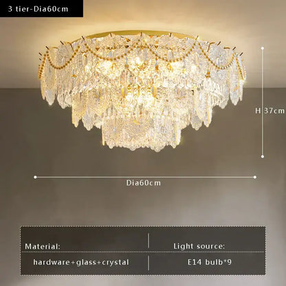 Gold pearl pendant chandelier – living room crystal leaf decor
