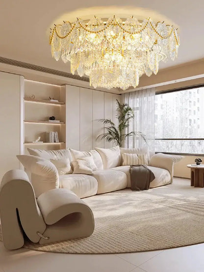 Gold pearl pendant chandelier – living room crystal leaf decor