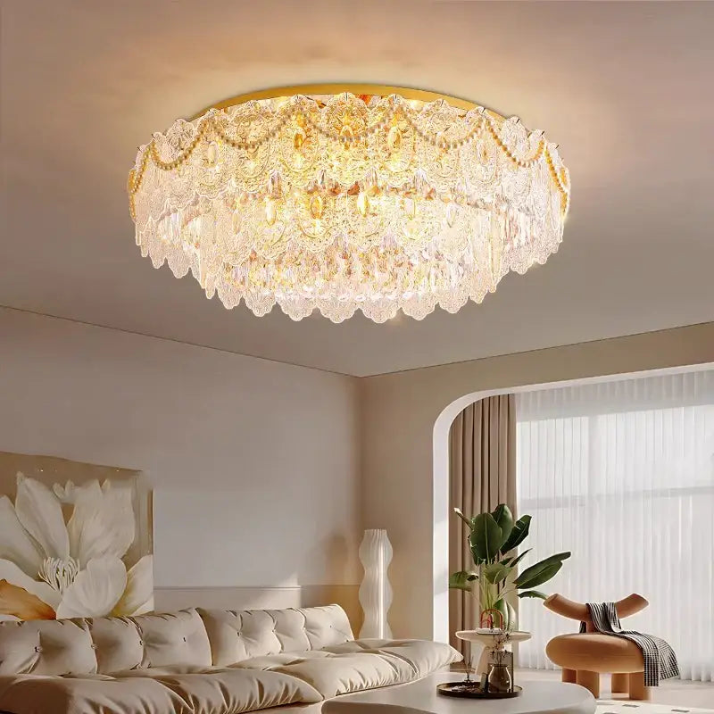 Gold pearl pendant chandelier – living room crystal leaf decor