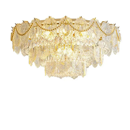 Gold pearl pendant chandelier – living room crystal leaf decor