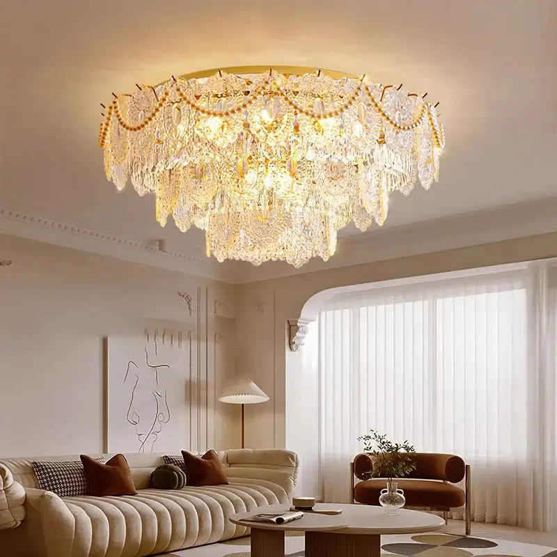 Gold pearl pendant chandelier – living room crystal leaf decor