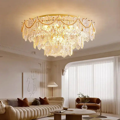 Gold pearl pendant chandelier – living room crystal leaf decor