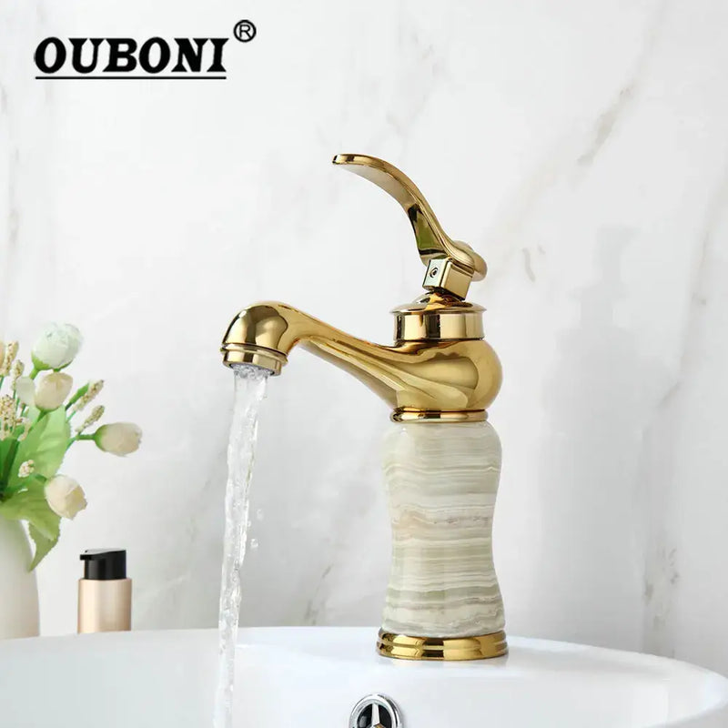 Gold plated jade bathroom faucet with marble base hot cold mixer