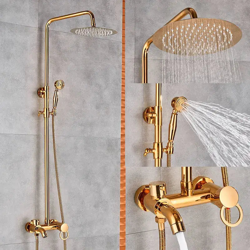 Gold polish rain shower system with handheld spray for bathroom