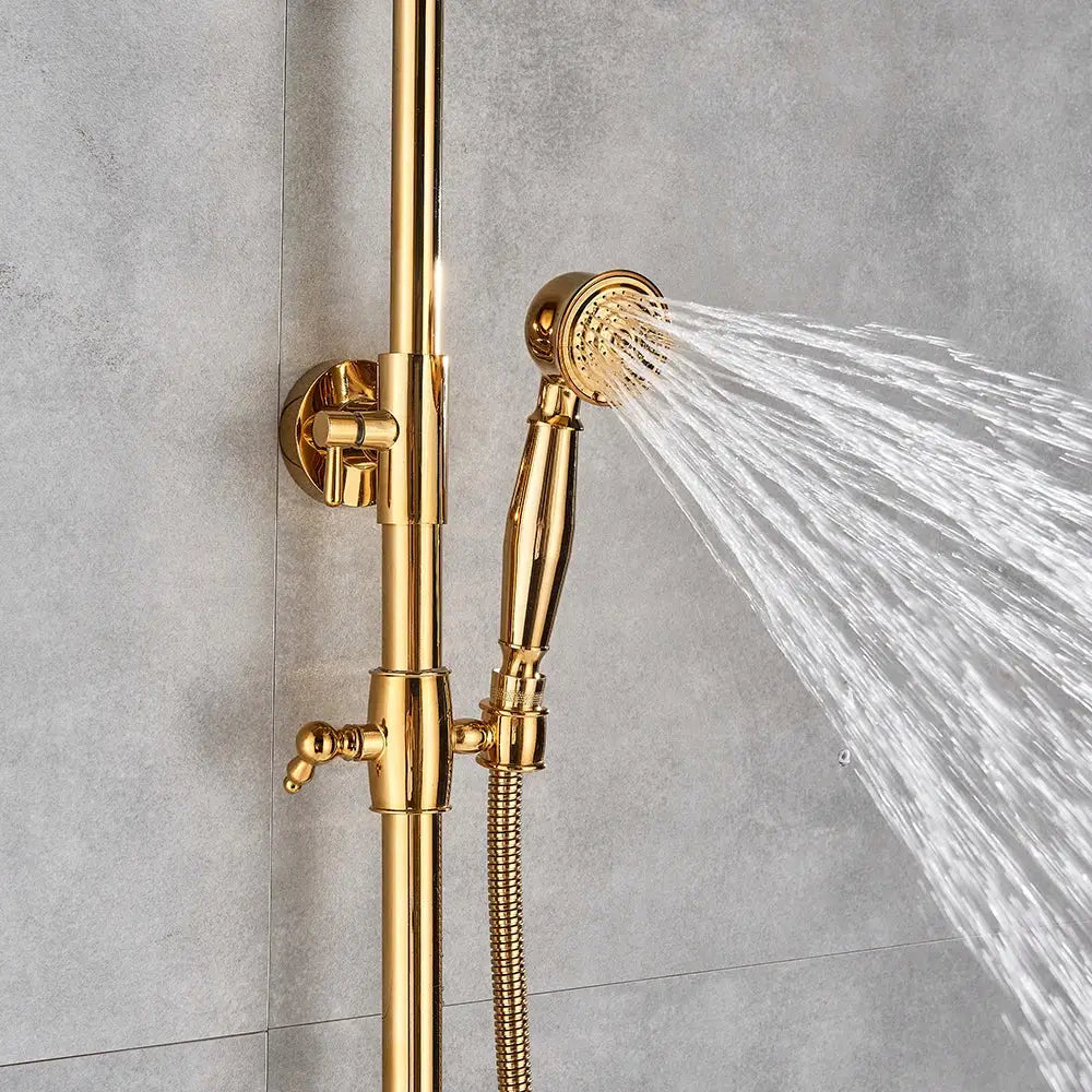 Gold polish rain shower system with handheld spray for bathroom