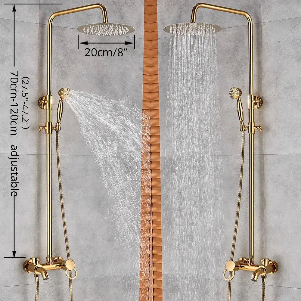 Gold polish rain shower system with handheld spray for bathroom