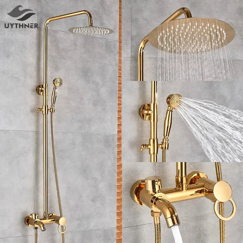 Gold polish rain shower system with handheld spray for bathroom