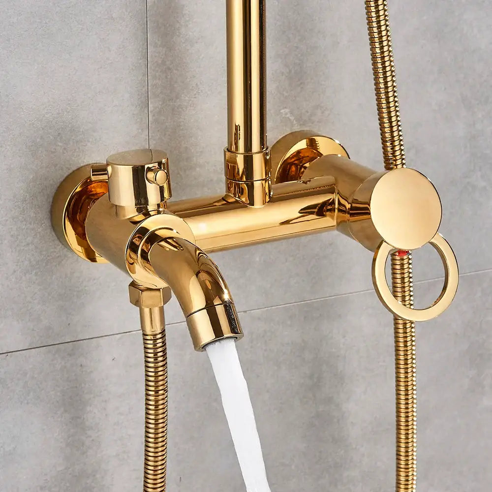 Gold polish rain shower system with handheld spray for bathroom