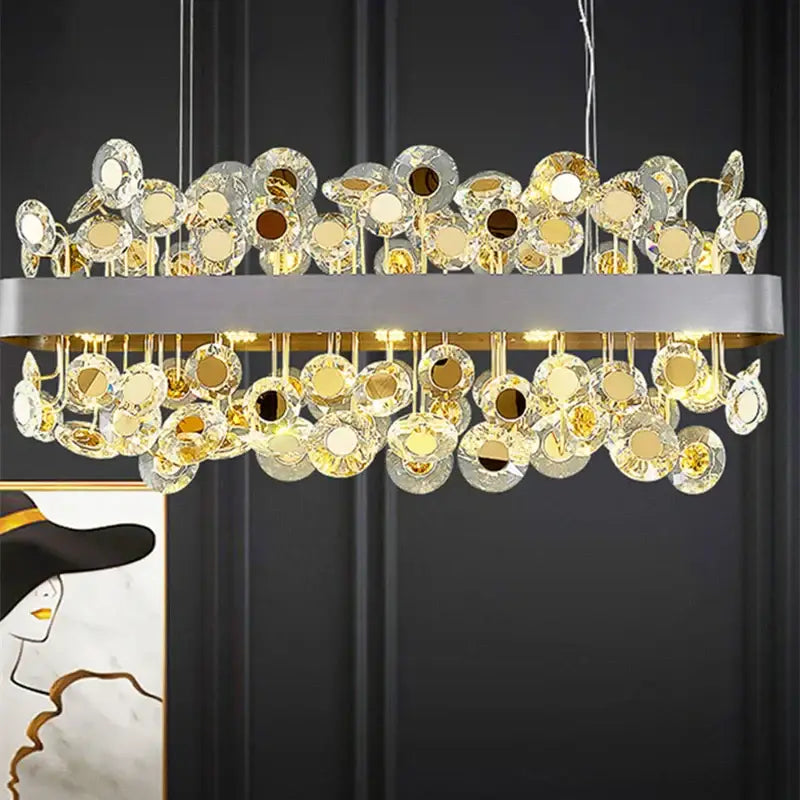 Gold rectangular crystal pendant chandelier for dining room