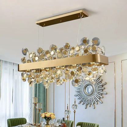 Gold rectangular crystal pendant chandelier for dining room