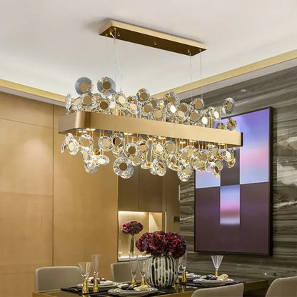 Gold rectangular crystal pendant chandelier for dining room