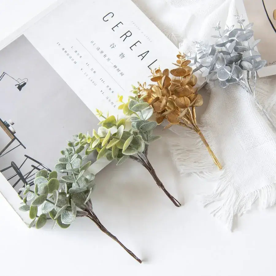 Gold silver and green eucalyptus leaves artificial plants wedding decor