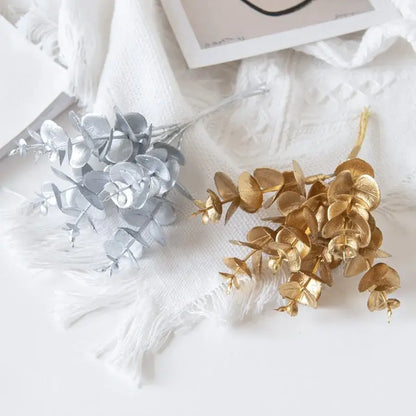 Gold silver and green eucalyptus leaves artificial plants wedding decor