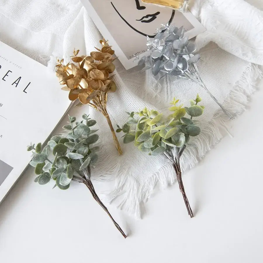 Gold silver and green eucalyptus leaves artificial plants wedding decor
