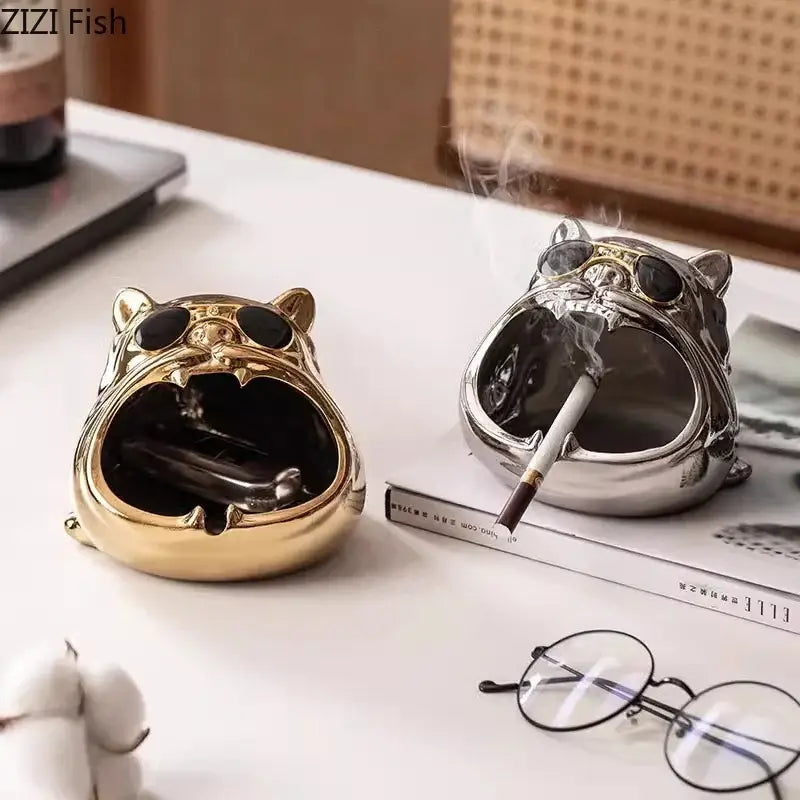 Gold & silver bulldog ceramic ashtray office desktop decor