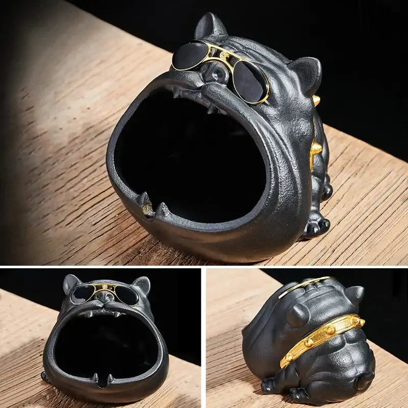 Gold & silver bulldog ceramic ashtray office desktop decor