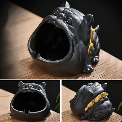 Gold & silver bulldog ceramic ashtray office desktop decor