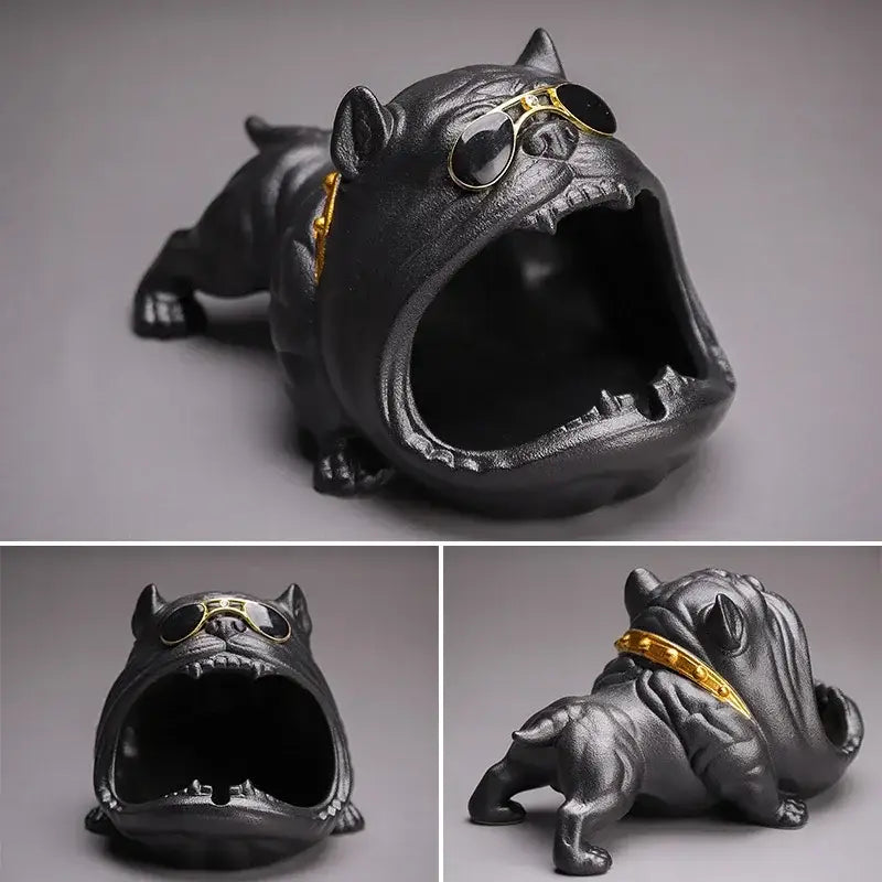 Gold & silver bulldog ceramic ashtray office desktop decor