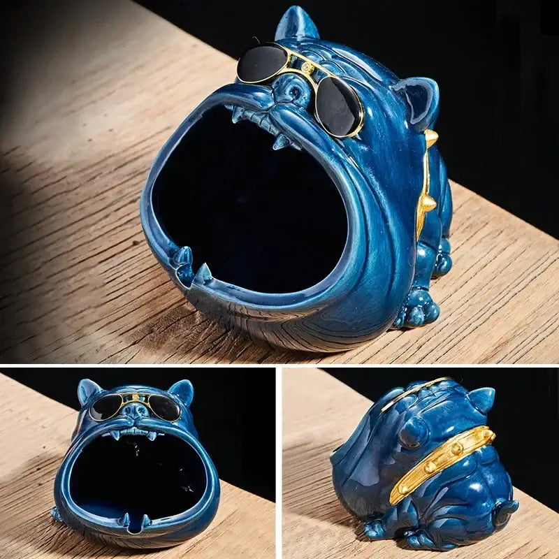 Gold & silver bulldog ceramic ashtray office desktop decor