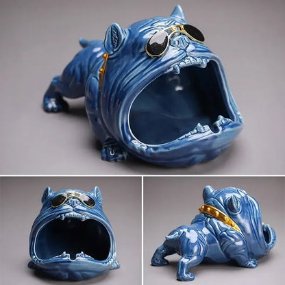Gold & silver bulldog ceramic ashtray office desktop decor