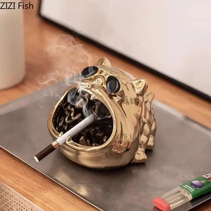 Gold & silver bulldog ceramic ashtray office desktop decor