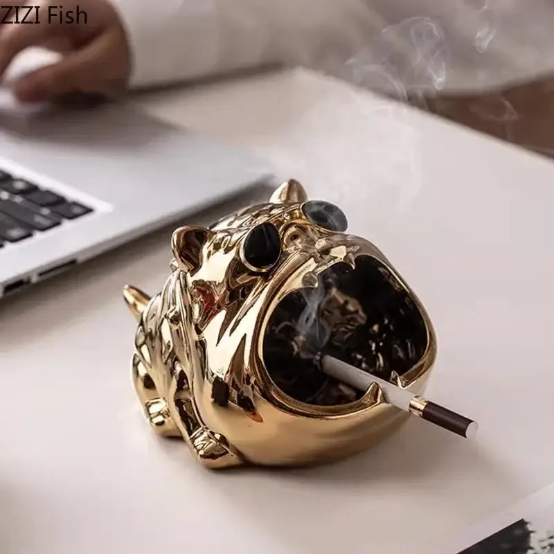 Gold & silver bulldog ceramic ashtray office desktop decor