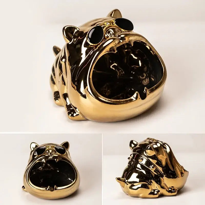 Gold & silver bulldog ceramic ashtray office desktop decor