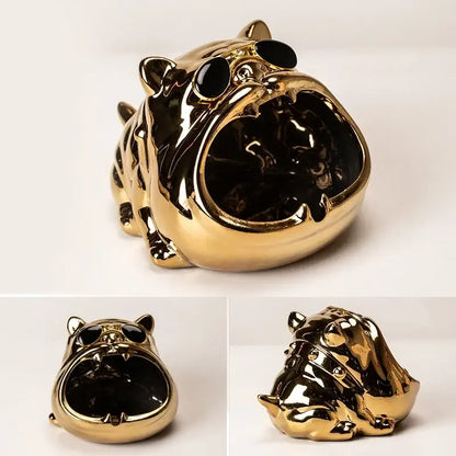 Gold & silver bulldog ceramic ashtray office desktop decor