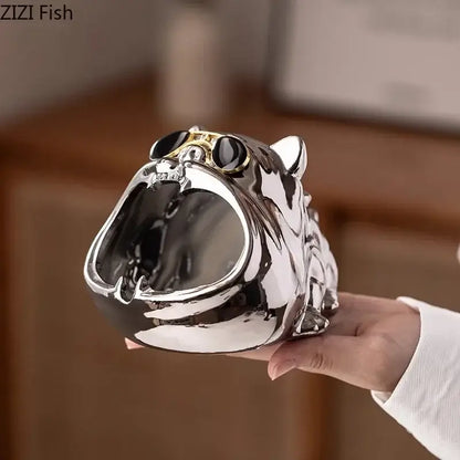 Gold & silver bulldog ceramic ashtray office desktop decor