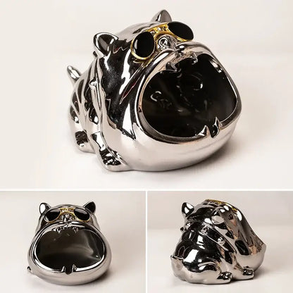 Gold & silver bulldog ceramic ashtray office desktop decor
