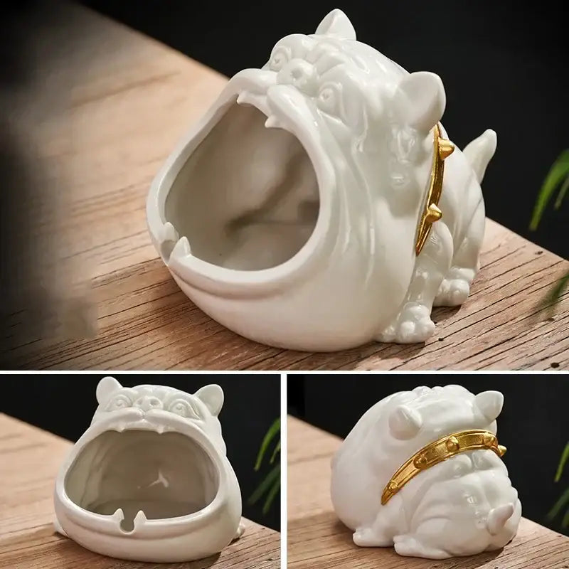 Gold & silver bulldog ceramic ashtray office desktop decor