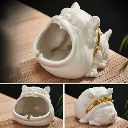 Gold & silver bulldog ceramic ashtray office desktop decor