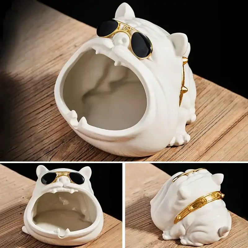 Gold & silver bulldog ceramic ashtray office desktop decor