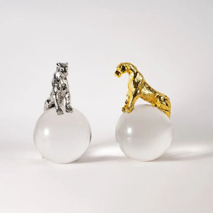 Gold & silver leopard crystal ball metal sculptures living room decor