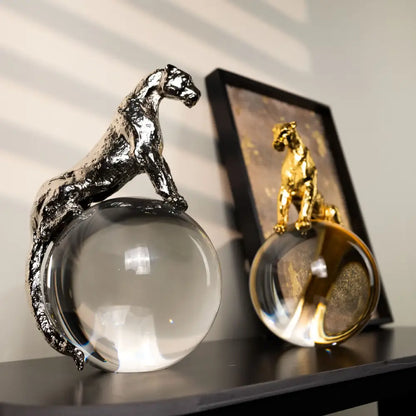 Gold & silver leopard crystal ball metal sculptures living room decor