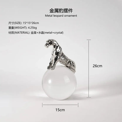 Gold & silver leopard crystal ball metal sculptures living room decor