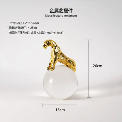 Gold & silver leopard crystal ball metal sculptures living room decor