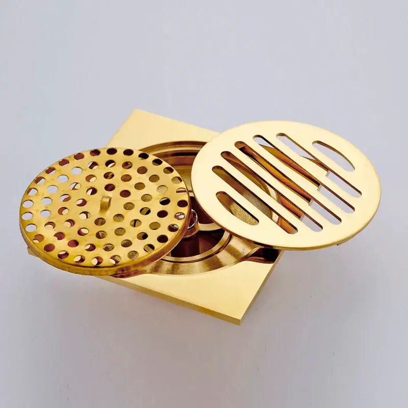 Gold square bathroom shower drain with interchangeable grates