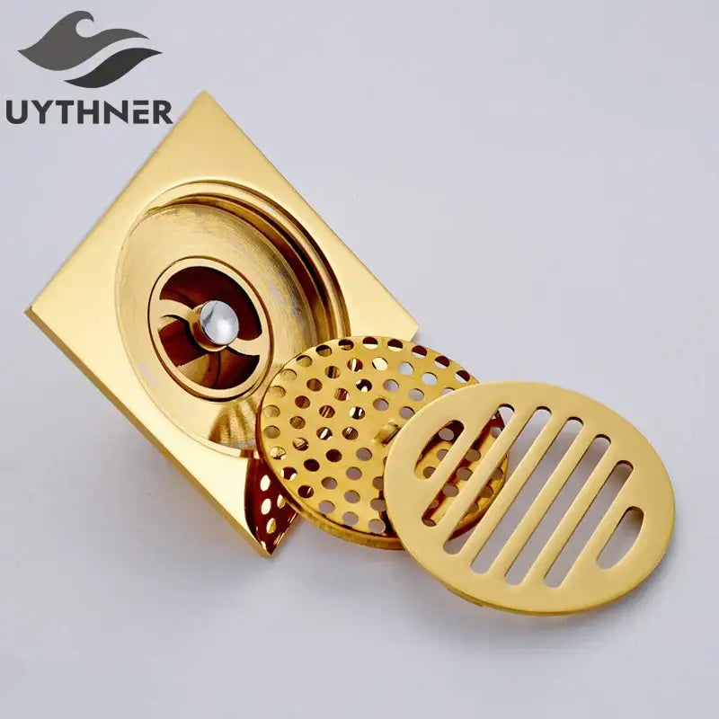 Gold square bathroom shower drain with interchangeable grates