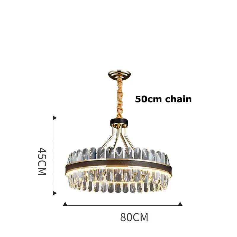 Gold stainless steel crystal chandelier dining room leather detail