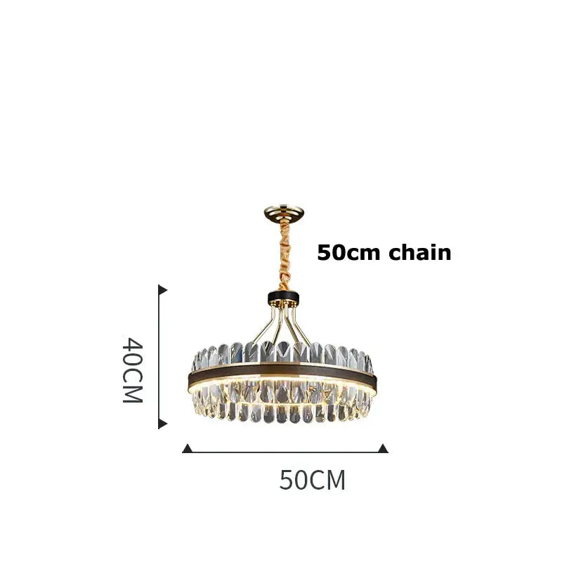 Gold stainless steel crystal chandelier dining room leather detail