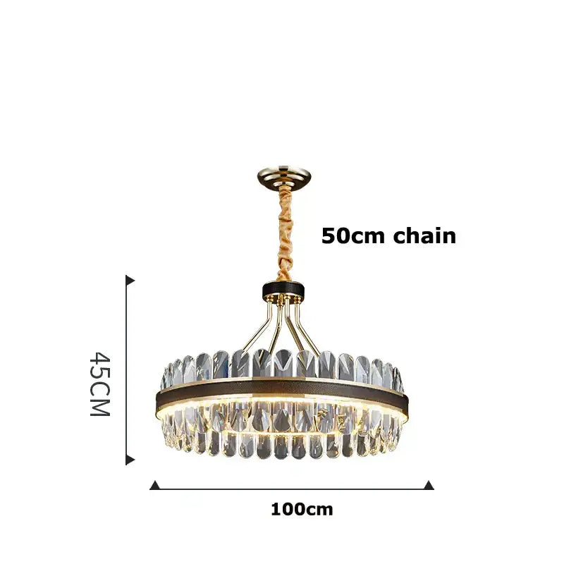 Gold stainless steel crystal chandelier dining room leather detail