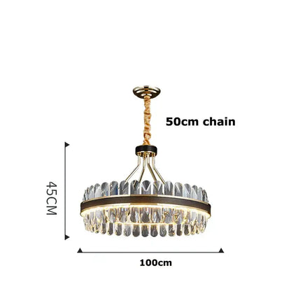 Gold stainless steel crystal chandelier dining room leather detail
