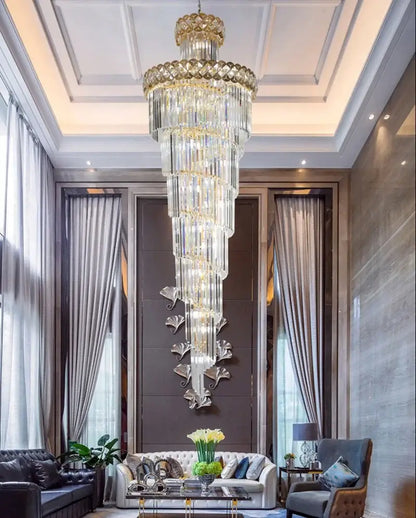 Gold stainless steel crystal chandelier staircase pendant light