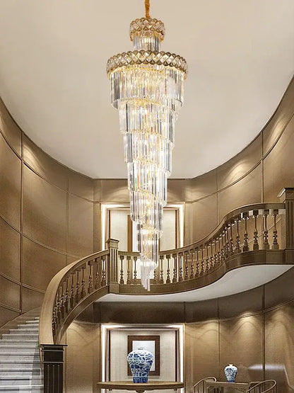 Gold stainless steel crystal chandelier staircase pendant light