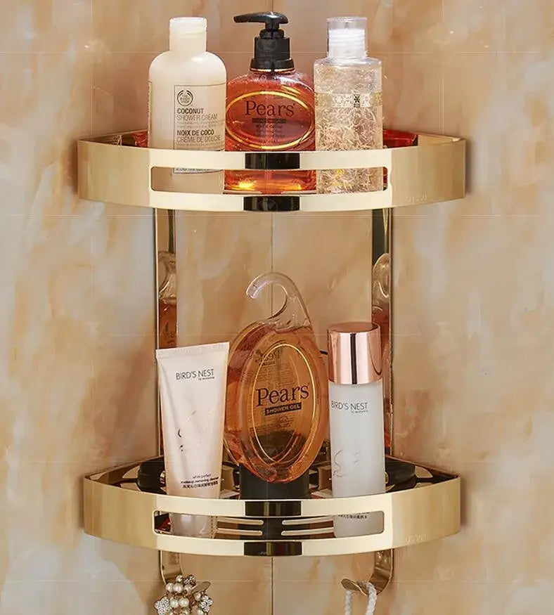 Gold stainless steel two tier corner shelf bathroom shower caddy