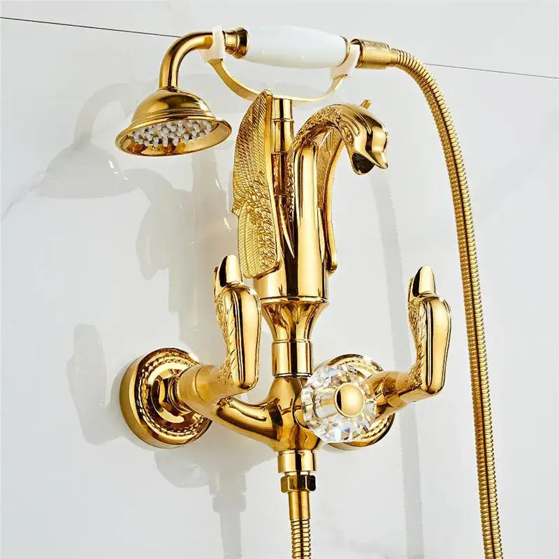 Gold swan bathtub faucet set bathroom shower with crystal knob